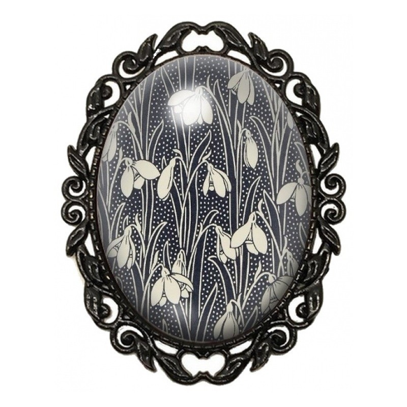 Broche Noire avec Cabochon en Verre Perce-Neige Blancs sur Fond Noir