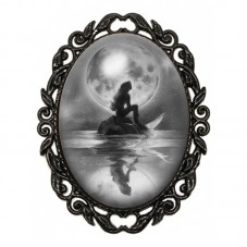 Broche Noire avec Cabochon en Verre Sirène sur un Rocher sous la Pleine Lune pour la Création de Bijoux Fantaisie - DIY