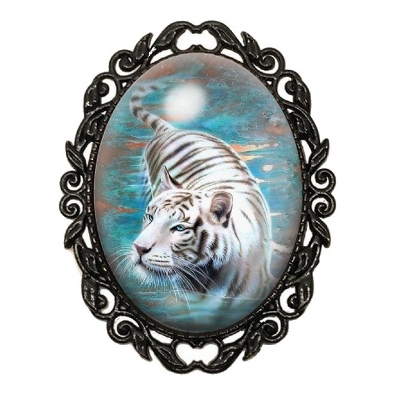 Broche Noire avec Cabochon en Verre Tigre Blanc dans une Eau Turquoise