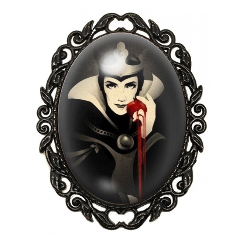 Broche Noire avec Cabochon en Verre Méchante Reine et Pomme Rouge