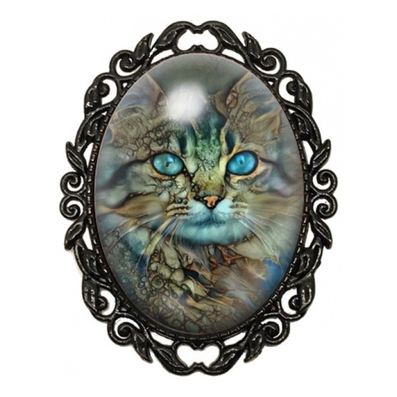 Broche Noire avec Cabochon en Verre Chat aux Yeux Dépareillés