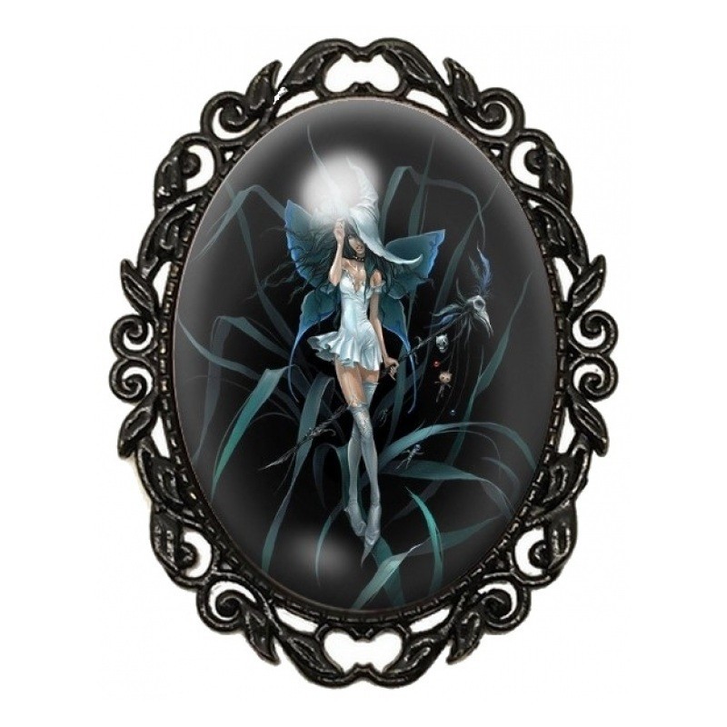 Broche Noire avec Cabochon en Verre Fée Heroic Fantasy