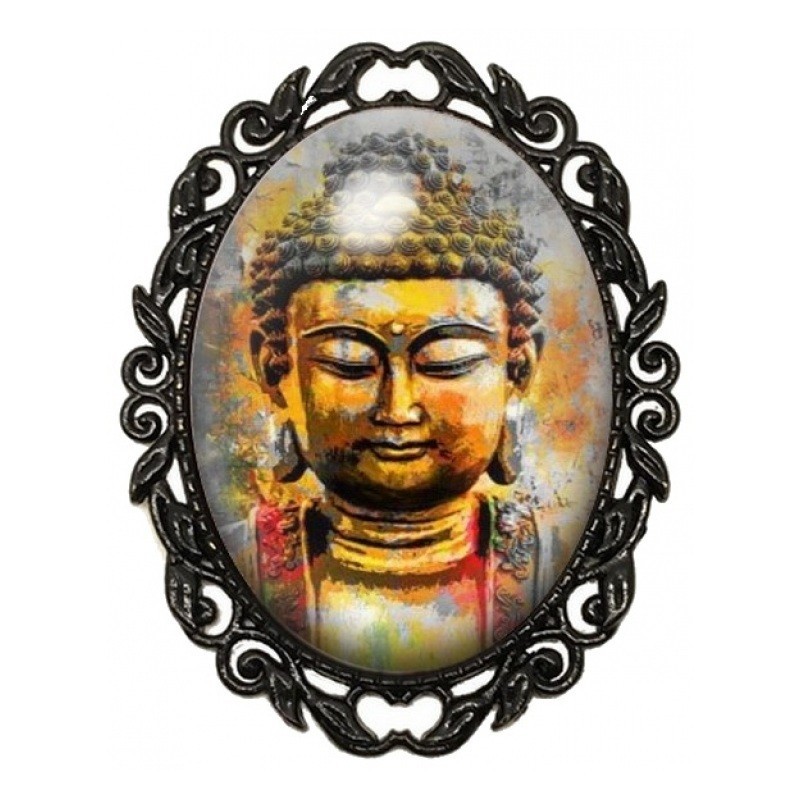 Broche Noire avec Cabochon en Verre Bouddha Doré