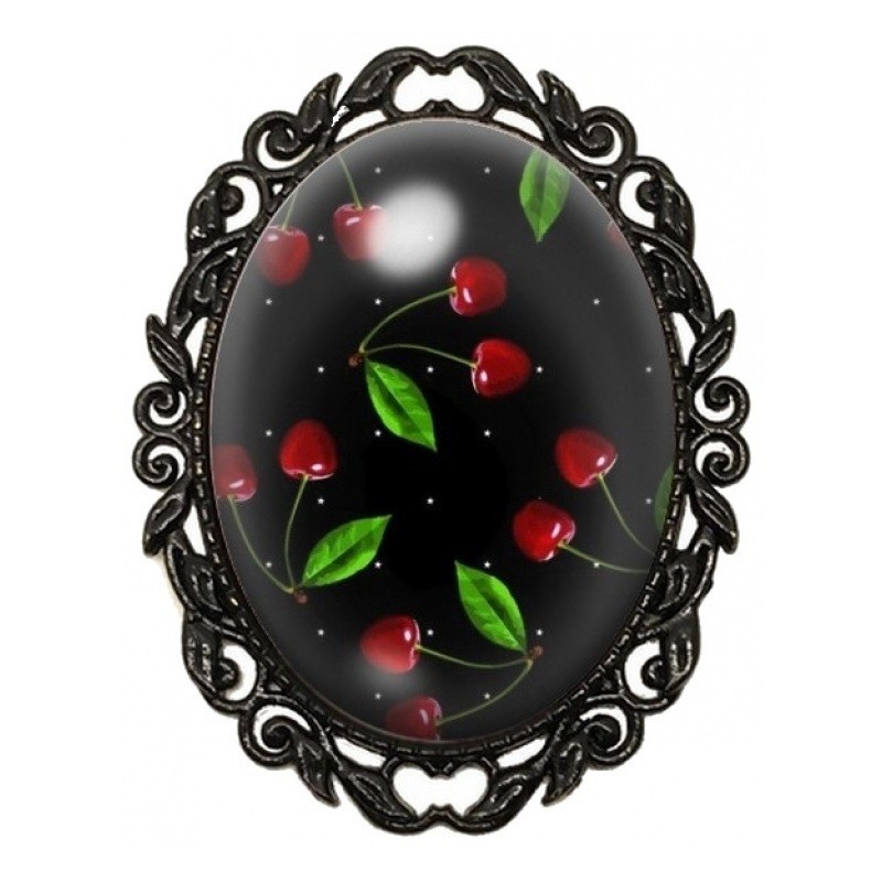 Broche Noire avec Cabochon en Verre Cerises Rétro
