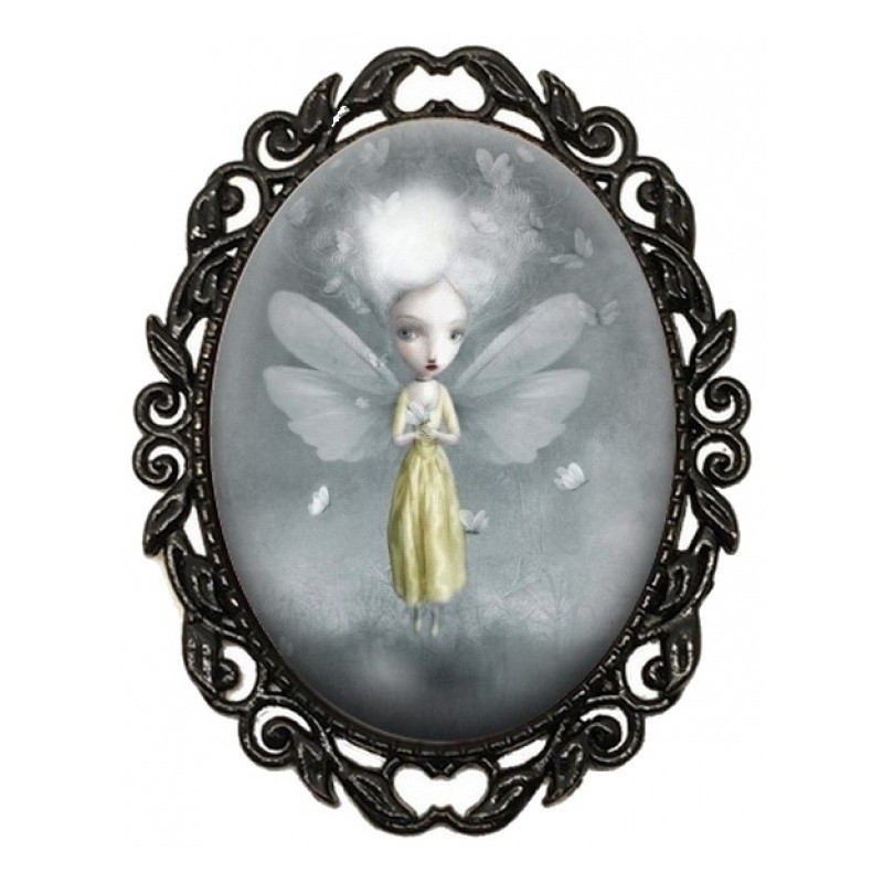 Broche Noire avec Cabochon en Verre Petite Fée Papillon