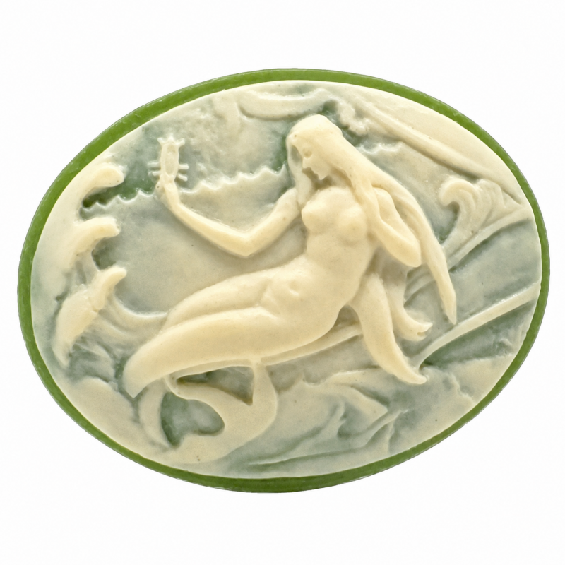 Camée Sirène Allongée Vert et Ivoire 30x40mm