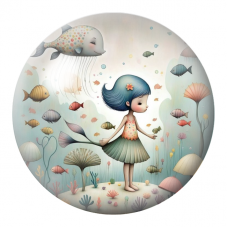 Cabochon en Verre Illustré Fillette Sous-Marine aux Poissons Colorés 12 à 25mm pour la Création de Bijoux Fantaisie - DIY
