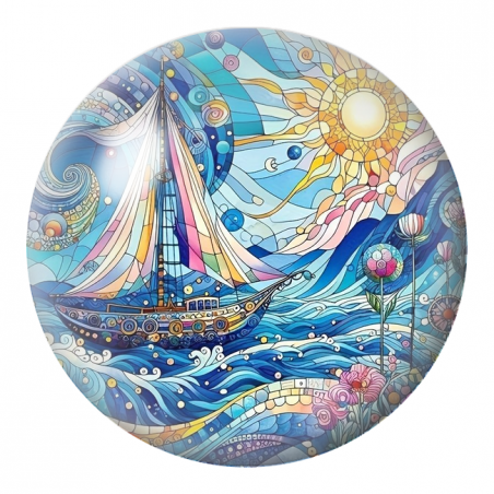 Cabochon en Verre Illustré Voilier Mosaïque aux Voiles Colorées 12 à 25mm