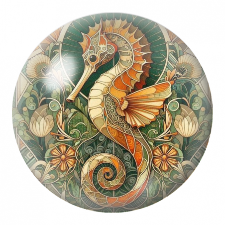 Cabochon en Verre Illustré Hippocampe Art Nouveau 12 à 25mm
