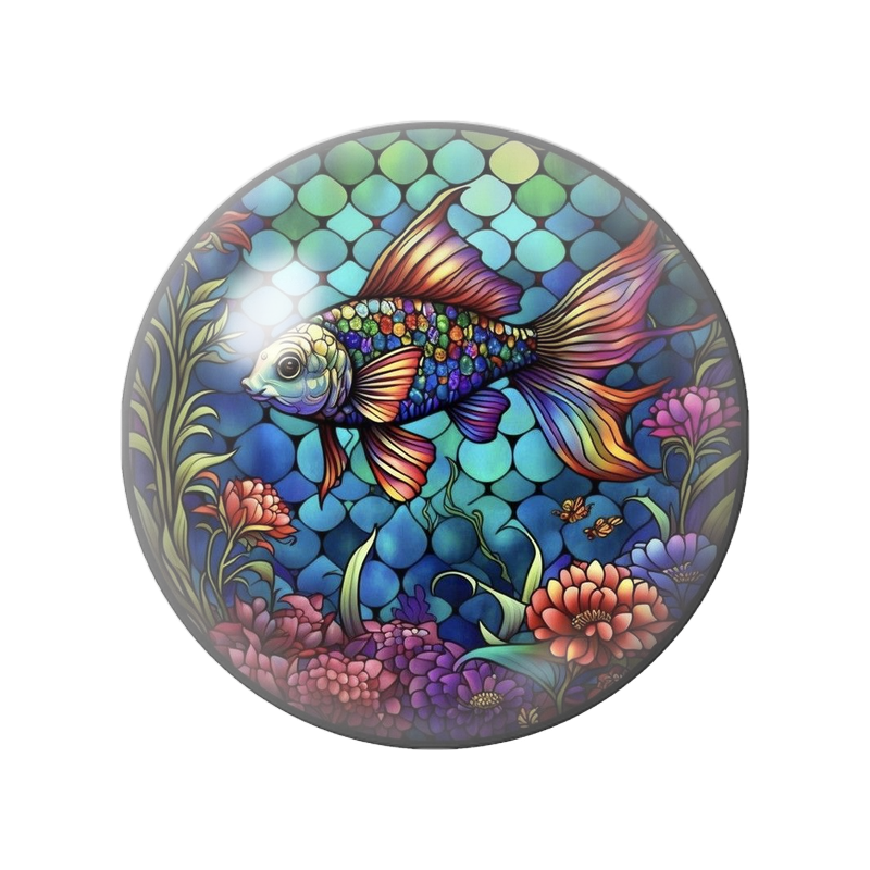 Cabochon en Verre Illustré Poisson Ornemental aux Fleurs 12 à 25mm