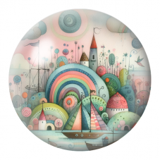 Cabochon en Verre Illustré Village Marin aux Collines Arc-en-Ciel 12 à 25mm pour la Création de Bijoux Fantaisie - DIY