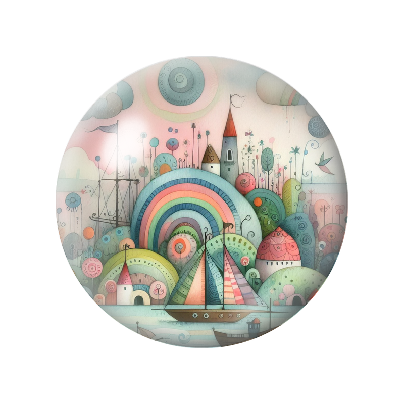 Cabochon en Verre Illustré Village Marin aux Collines Arc-en-Ciel 12 à 25mm