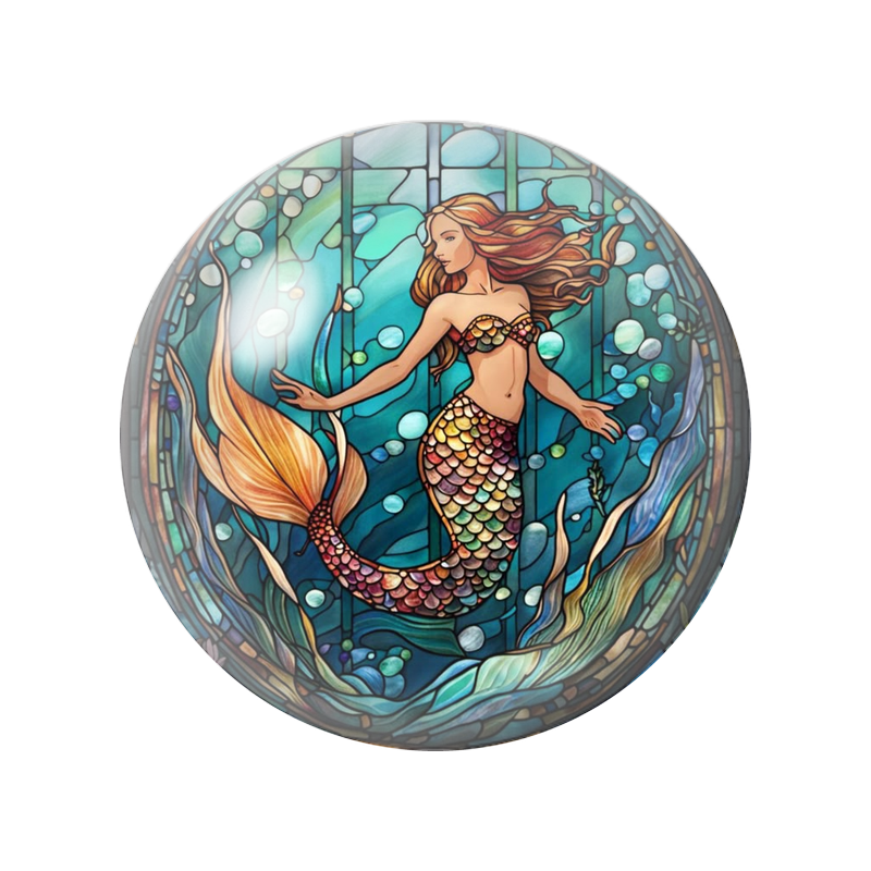 Cabochon en Verre Illustré Sirène Rousse en Vitrail 12 à 25mm
