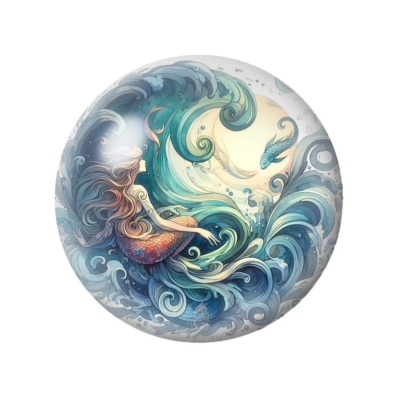 Cabochon en Verre Illustré Sirène Assise Sous la Lune 12 à 25mm