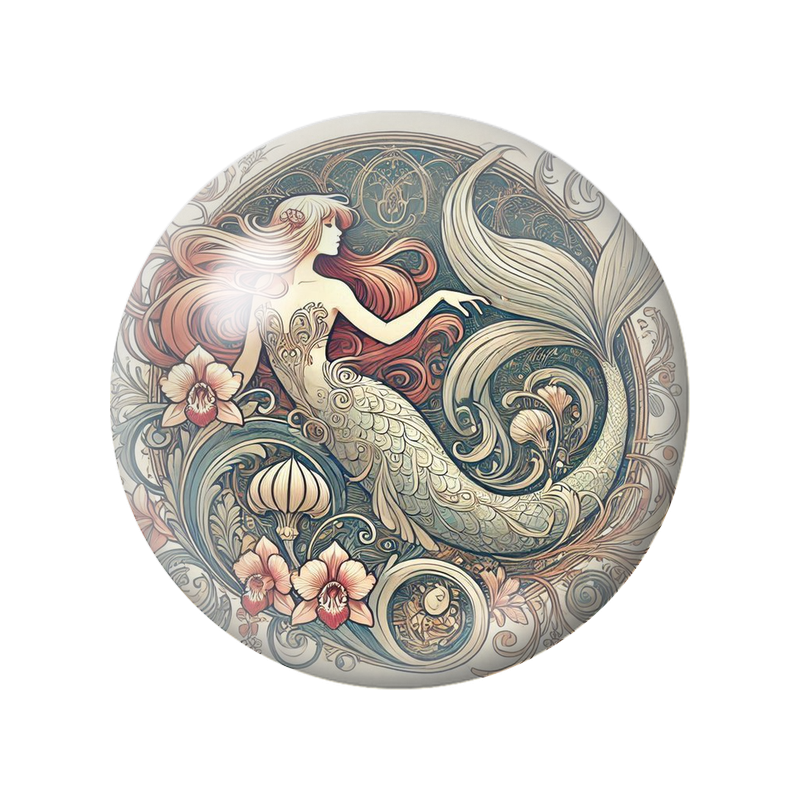 Cabochon en Verre Illustré Sirène Art Nouveau aux Orchidées 12 à 25mm