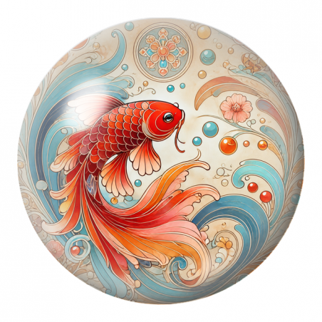 Cabochon en Verre Illustré Poisson Koi Rouge dans les Vagues 12 à 25mm