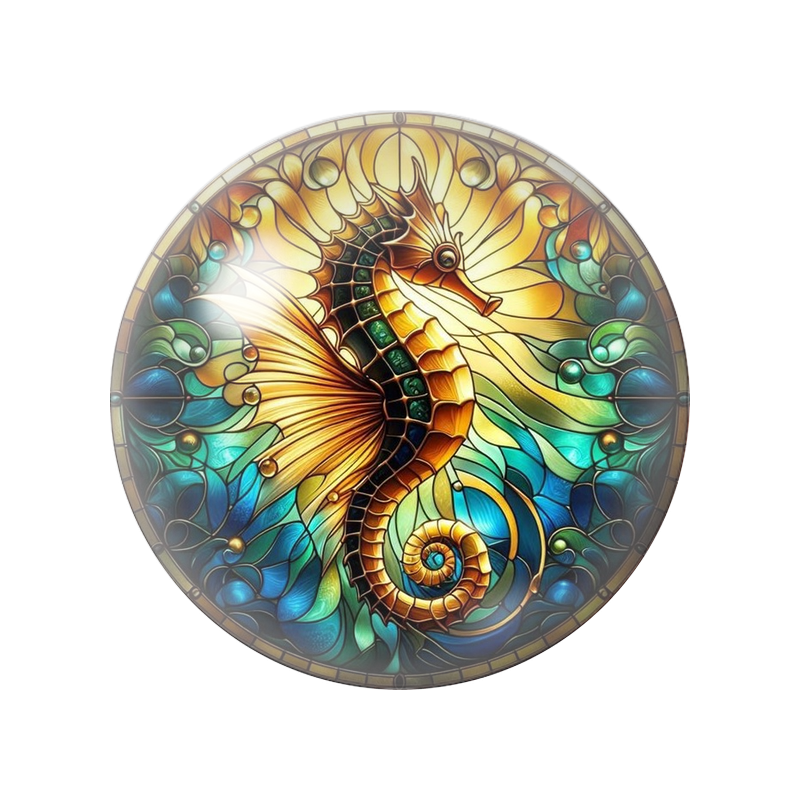 Cabochon en Verre Illustré Hippocampe Doré en Vitrail 12 à 25mm