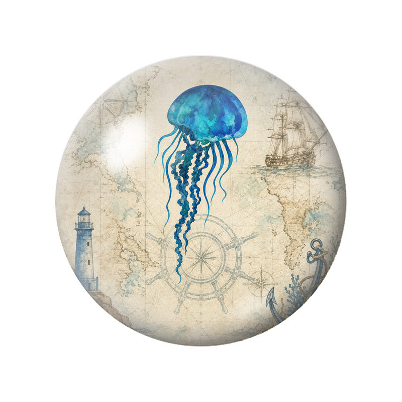 Cabochon en Verre Illustré Méduse Bleue sur Carte Marine 12 à 25mm