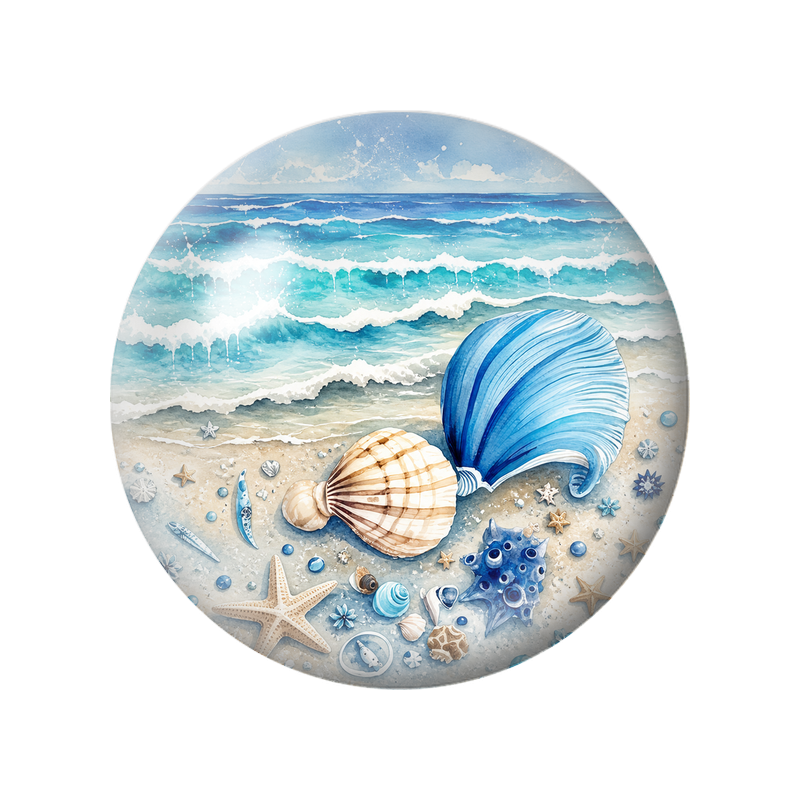 Cabochon en Verre Illustré Coquillages Bleus sur la Plage 12 à 25mm