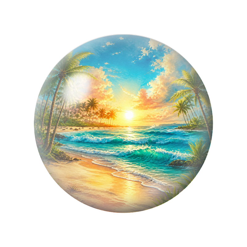 Cabochon en Verre Illustré Plage Tropicale au Soleil Couchant 12 à 25mm