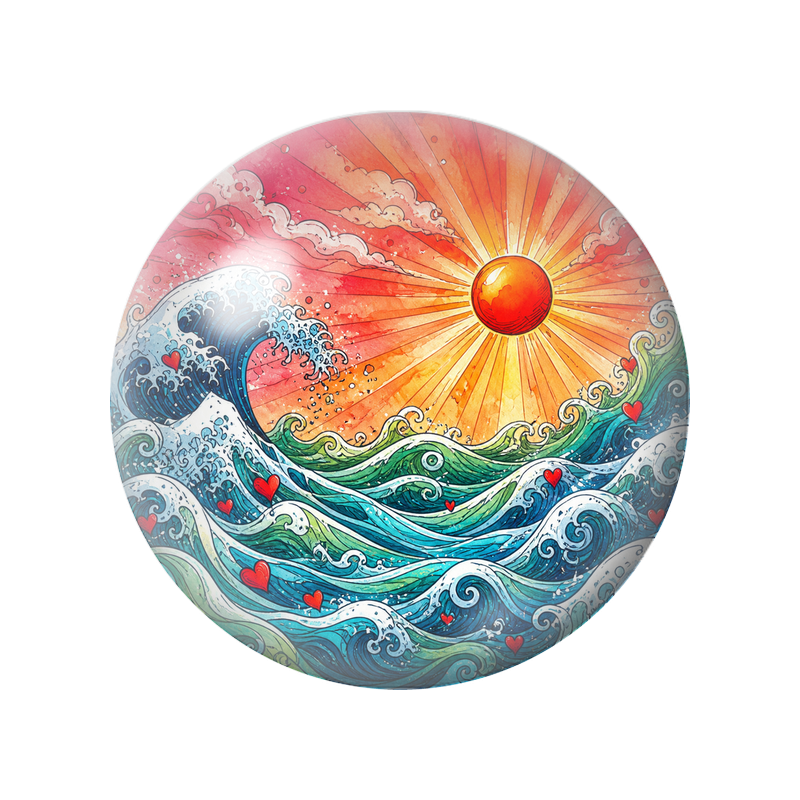 Cabochon en Verre Illustré Lever de Soleil aux Vagues de Cœurs 12 à 25mm