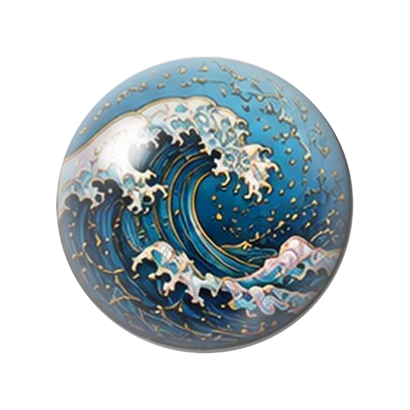 Cabochon en Verre Illustré Grande Vague Bleue et Or 12 à 25mm