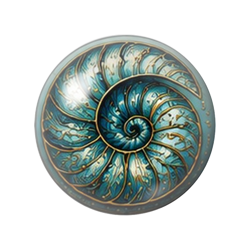 Cabochon en Verre Illustré Coquillage Nautile Turquoise et Or 12 à 25mm