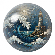 Cabochon en Verre Illustré Phare sous la Lune et Vague Géante 12 à 25mm pour la Création de Bijoux Fantaisie - DIY