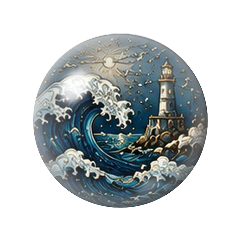 Cabochon en Verre Illustré Phare sous la Lune et Vague Géante 12 à 25mm