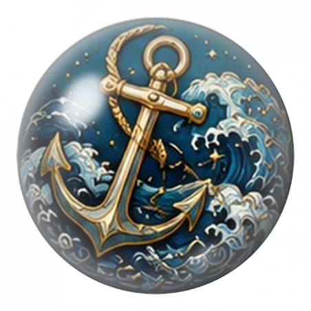 Cabochon en Verre Illustré Ancre Dorée dans les Vagues 12 à 25mm
