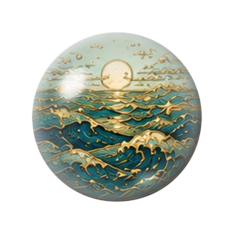 Cabochon en Verre Illustré Mer Dorée au Soleil Levant 12 à 25mm