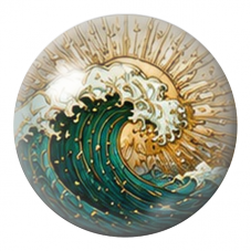 Cabochon en Verre Illustré Vague Turquoise devant le Soleil Doré 12 à 25mm pour la Création de Bijoux Fantaisie - DIY