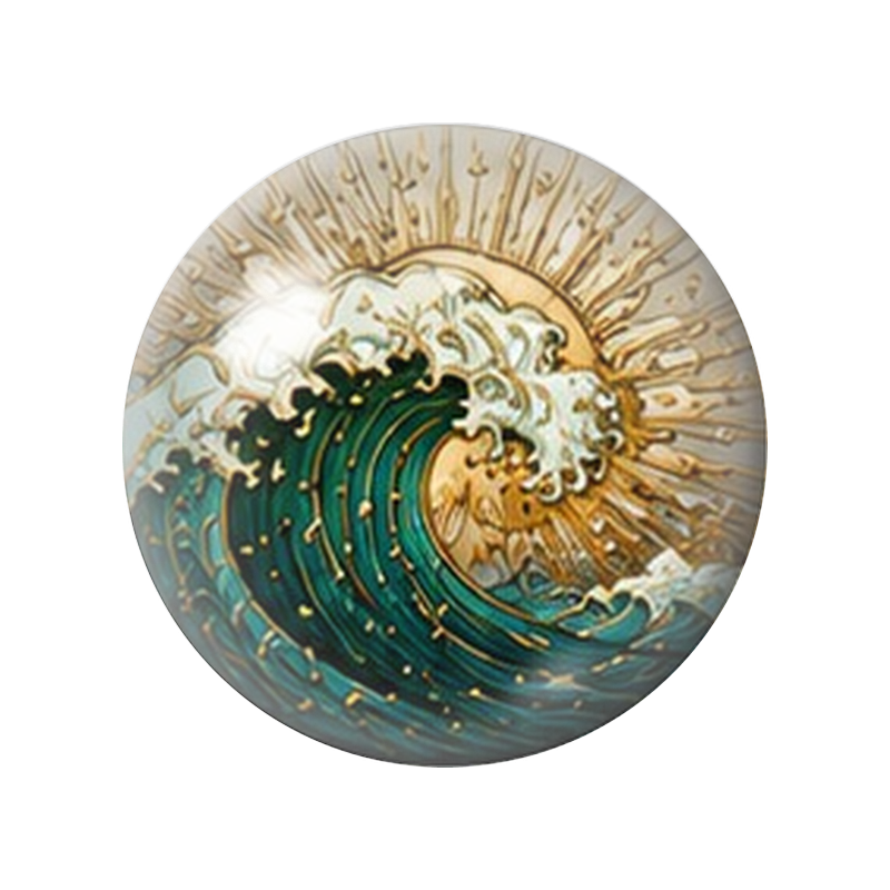 Cabochon en Verre Illustré Vague Turquoise devant le Soleil Doré 12 à 25mm