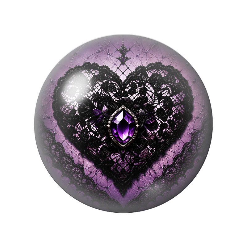 Cabochon en Verre Illustré Cœur de Dentelle Noire à l’Améthyste 12 à 25mm