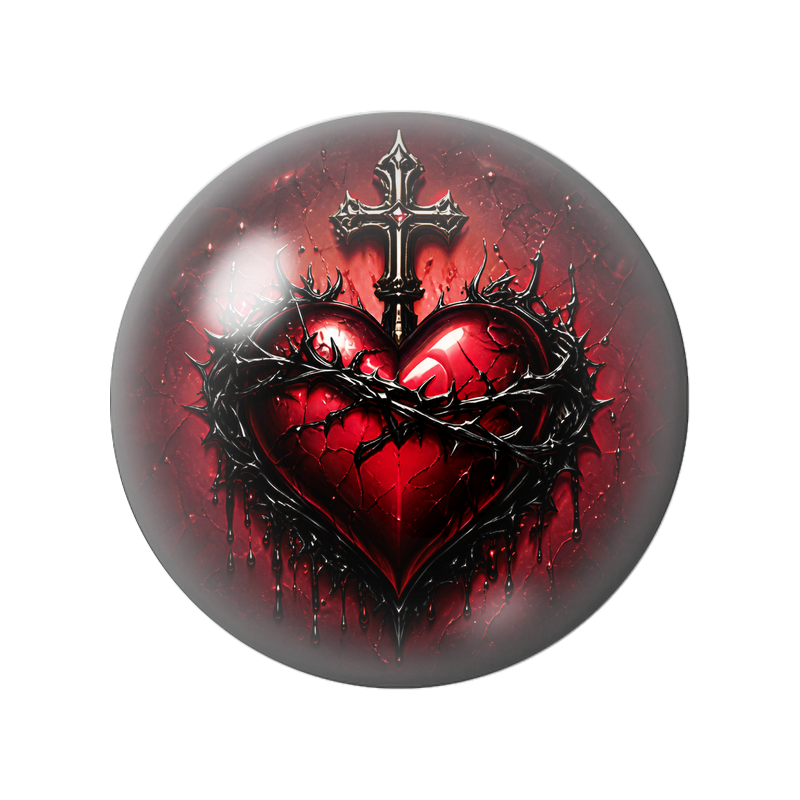 Cabochon en Verre Illustré Cœur Noir aux Épines et à la Croix 12 à 25mm