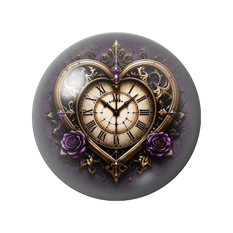 Cabochon en Verre Illustré Horloge Cœur aux Roses Violettes 12 à 25mm