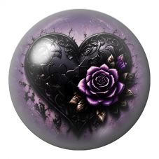 Cabochon en Verre Illustré Cœur Noir à la Rose Violette 12 à 25mm pour la Création de Bijoux Fantaisie - DIY