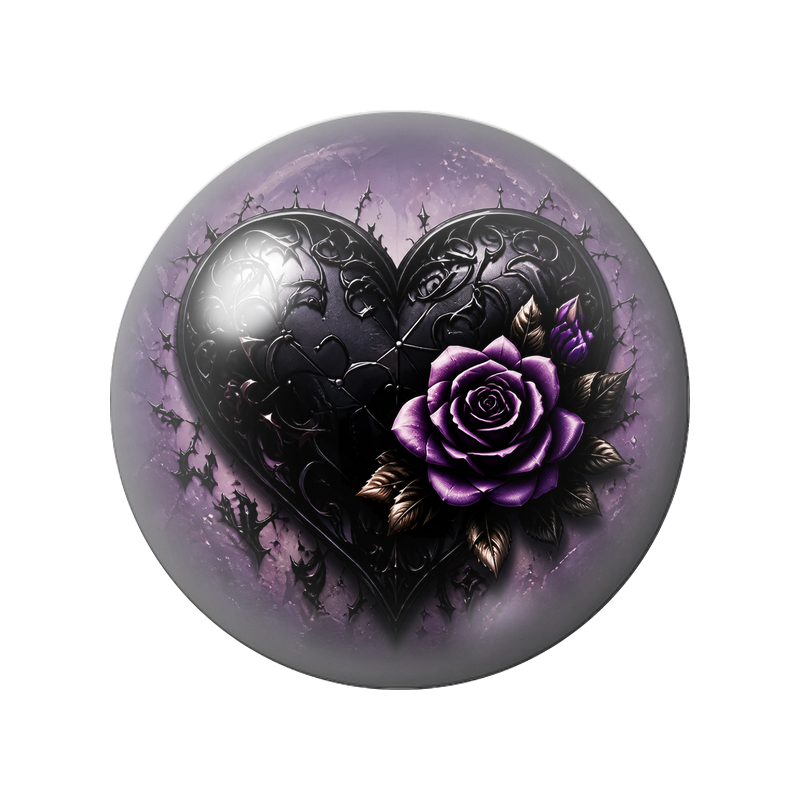Cabochon en Verre Illustré Cœur Noir à la Rose Violette 12 à 25mm