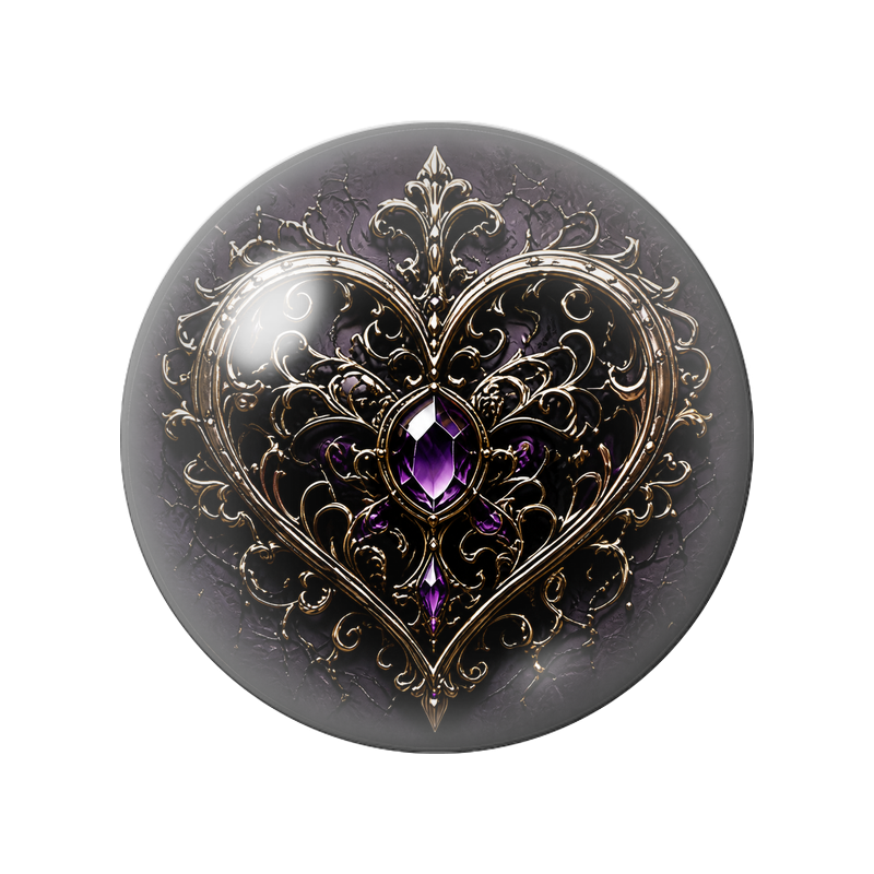 Cabochon en Verre Illustré Cœur Doré aux Arabesques d’Améthyste 12 à 25mm