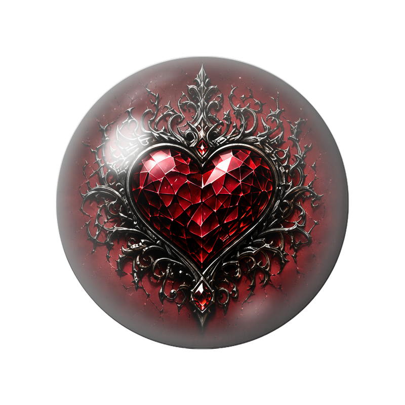 Cabochon en Verre Illustré Cœur Rubis dans les Ronces d’Argent 12 à 25mm