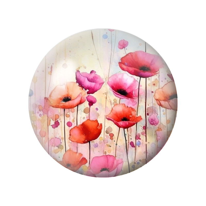 Cabochon en Verre Illustré Coquelicots Rose Corail à l’Aquarelle 12 à 25mm