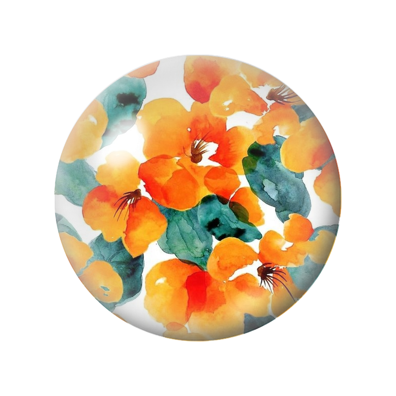 Cabochon en Verre Illustré Fleurs Orange et Feuillage Turquoise 12 à 25mm
