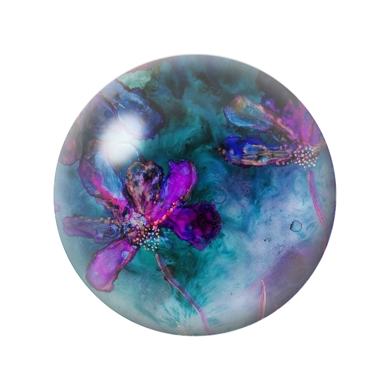 Cabochon en Verre Illustré Fleurs Violettes sur Fond Bleu Profond 12 à 25mm
