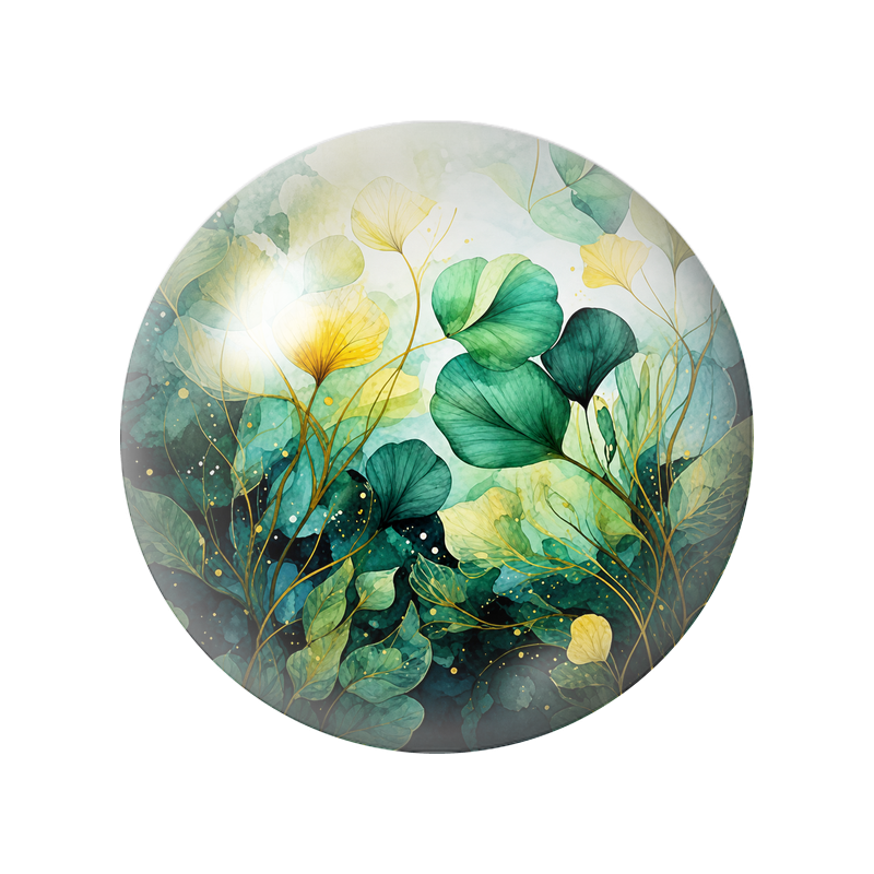 Cabochon en Verre Illustré Feuilles de Ginkgo Vertes et Jaunes 12 à 25mm