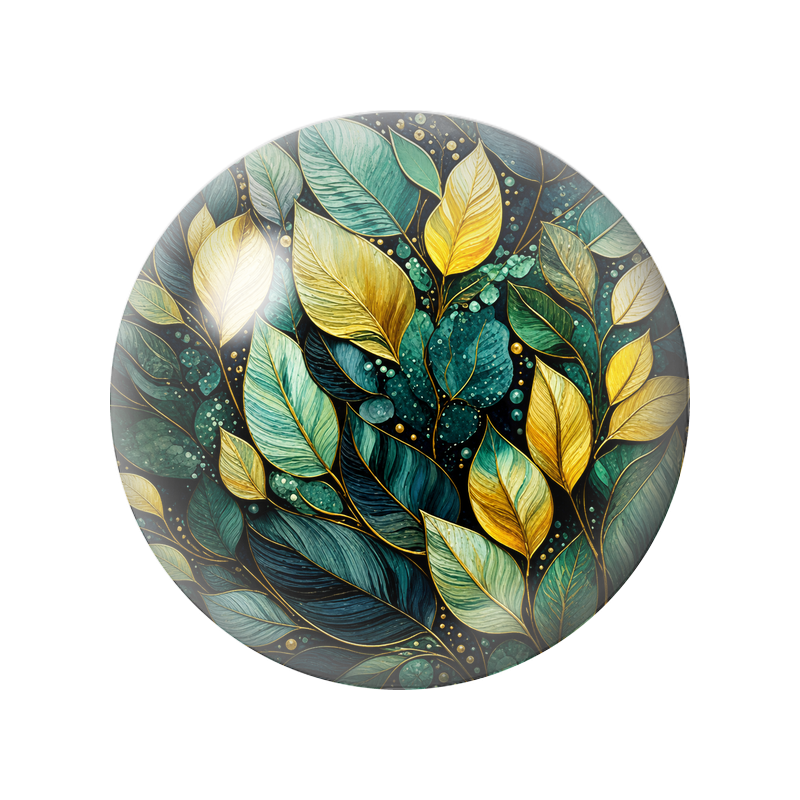 Cabochon en Verre Illustré Feuillage Émeraude et Or 12 à 25mm