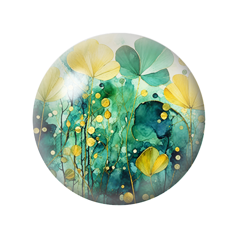 Cabochon en Verre Illustré Ginkgo Doré sur Fond Émeraude 12 à 25mm