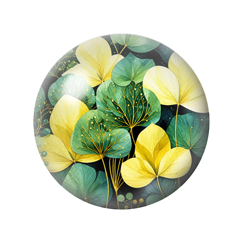 Cabochon en Verre Illustré Feuillage Vert et Jaune aux Branches Dorées 12 à 25mm