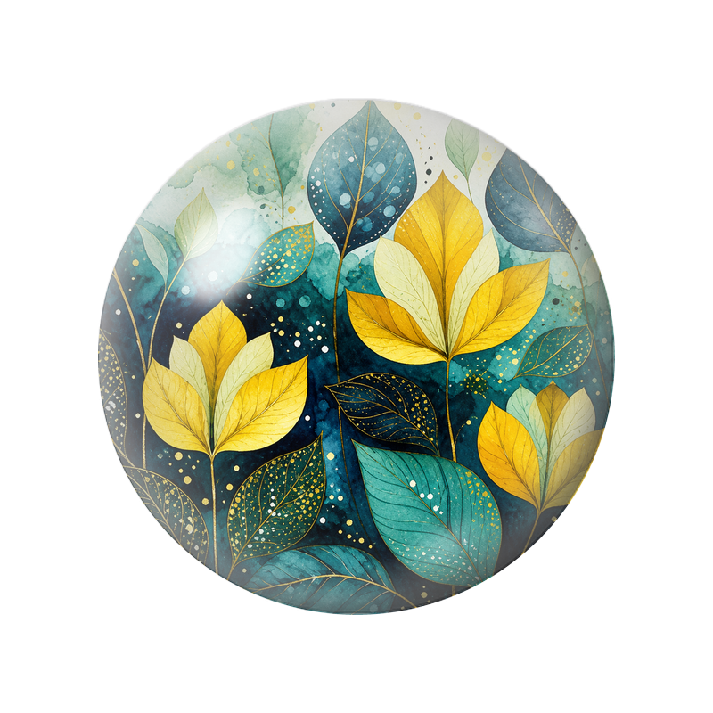 Cabochon en Verre Illustré Feuilles Dorées et Bleu Pétrole 12 à 25mm