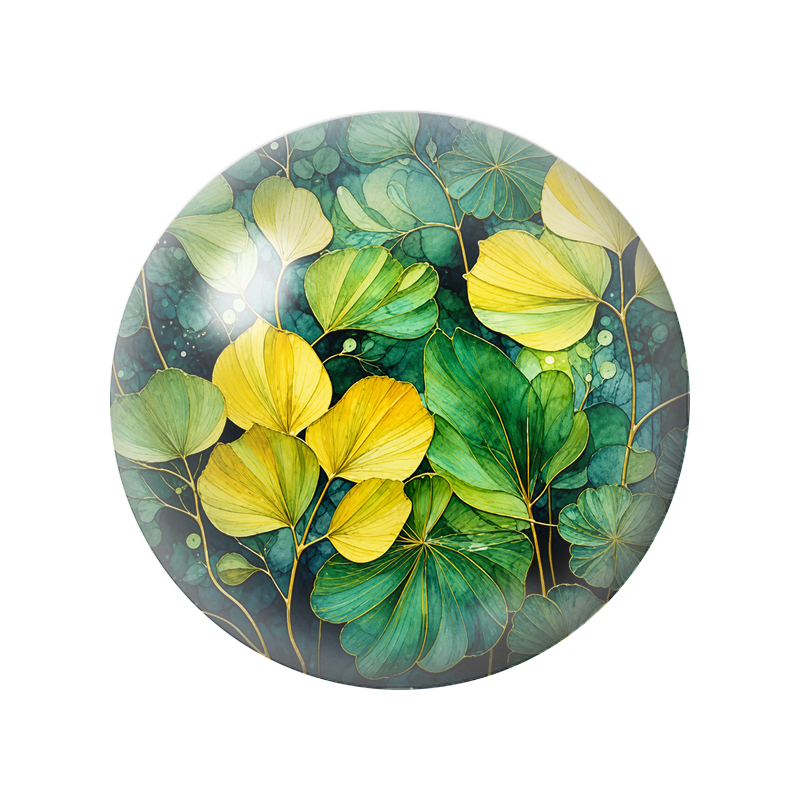 Cabochon en Verre Illustré Feuillage Vert et Jaune Bordé d’Or 12 à 25mm