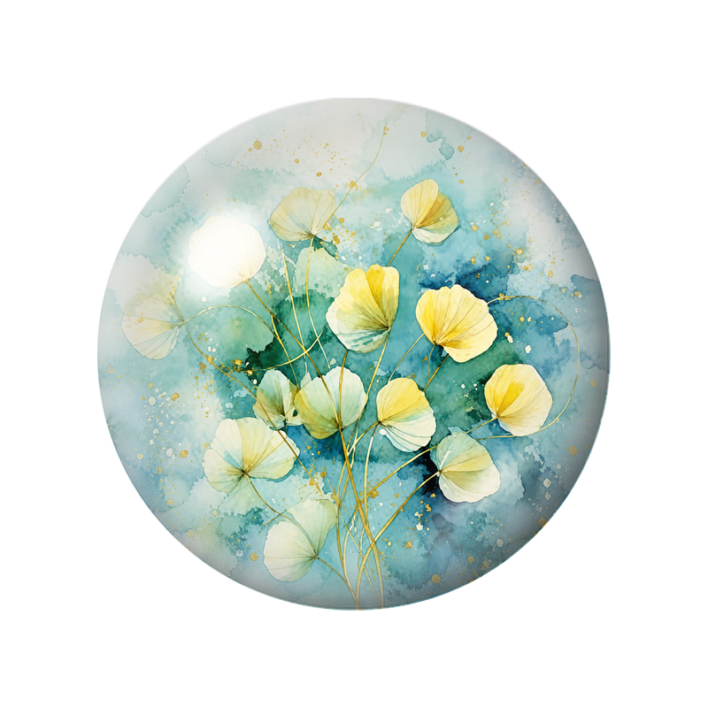 Cabochon en Verre Illustré Feuilles de Ginkgo Ivoire sur Fond Turquoise 12 à 25mm
